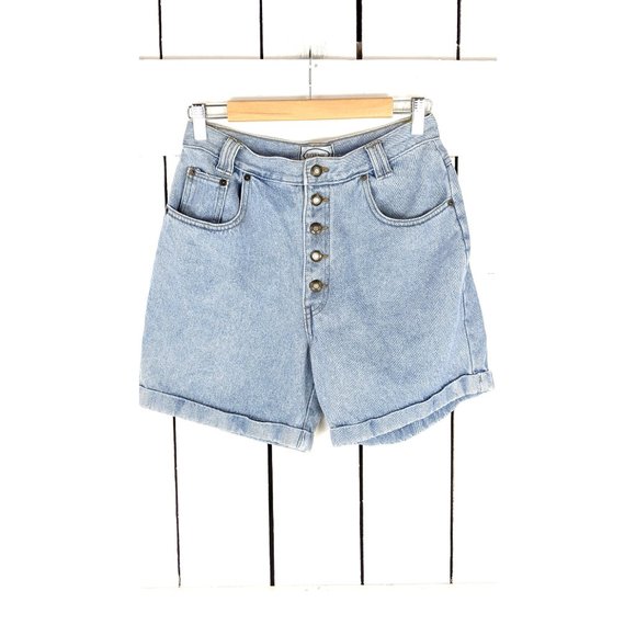 Vintage Bugle Boy for her high waisted blue button down cuffed denim shorts - Picture 2 of 4